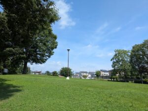三ツ寺公園の噴水広場の芝生